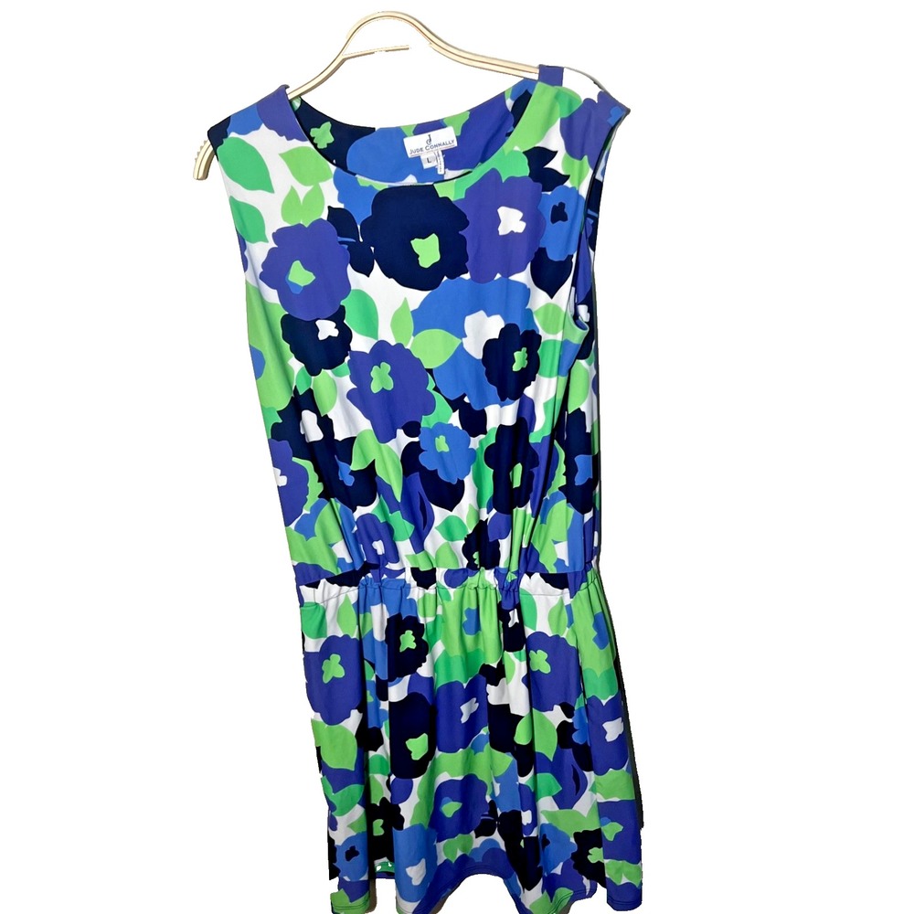 Jude Connally Multi Color Floral Sleeveless Crewneck Stretch Dress‎ Pockets L